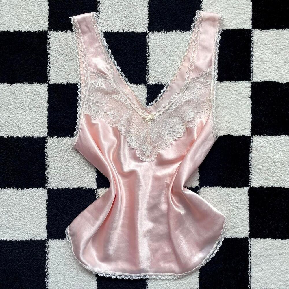 Vintage 80s Pink Satin and Lace Tank
